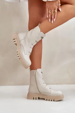 Damskie Boto Ocieplane Botki Workery Damskie Na Zamek Eko Skórzane Jasnobeżowe Mailyra