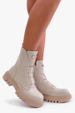 Damskie Boto Ocieplane Botki Workery Damskie Na Zamek Eko Skórzane Jasnobeżowe Mailyra