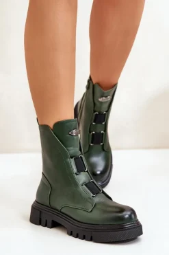 Damskie Boto Ocieplane Botki Workery Damskie Na Zamek Eko Skórzane Zielone Mailyra