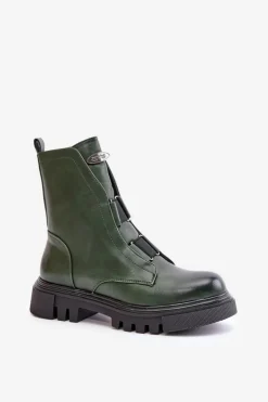 Damskie Boto Ocieplane Botki Workery Damskie Na Zamek Eko Skórzane Zielone Mailyra