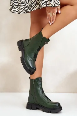 Damskie Boto Ocieplane Botki Workery Damskie Na Zamek Eko Skórzane Zielone Mailyra