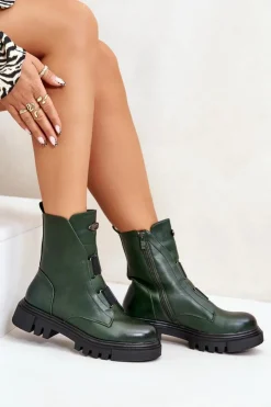 Damskie Boto Ocieplane Botki Workery Damskie Na Zamek Eko Skórzane Zielone Mailyra