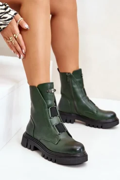 Damskie Boto Ocieplane Botki Workery Damskie Na Zamek Eko Skórzane Zielone Mailyra