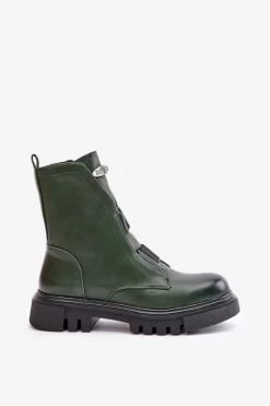 Damskie Boto Ocieplane Botki Workery Damskie Na Zamek Eko Skórzane Zielone Mailyra