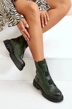 Damskie Boto Ocieplane Botki Workery Damskie Na Zamek Eko Skórzane Zielone Mailyra