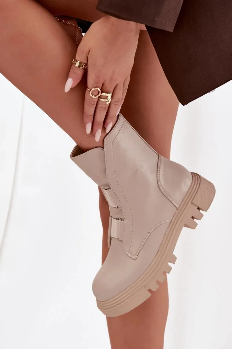 Boto Botki Zimowe Damskie|Brązowe I Beżowe Botki*Ocieplane Botki Workery Damskie Na Zamek Eko Skórzane Jasnobeżowe Mailyra Beżowy