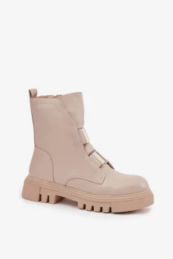 Boto Botki Zimowe Damskie|Brązowe I Beżowe Botki*Ocieplane Botki Workery Damskie Na Zamek Eko Skórzane Jasnobeżowe Mailyra Beżowy