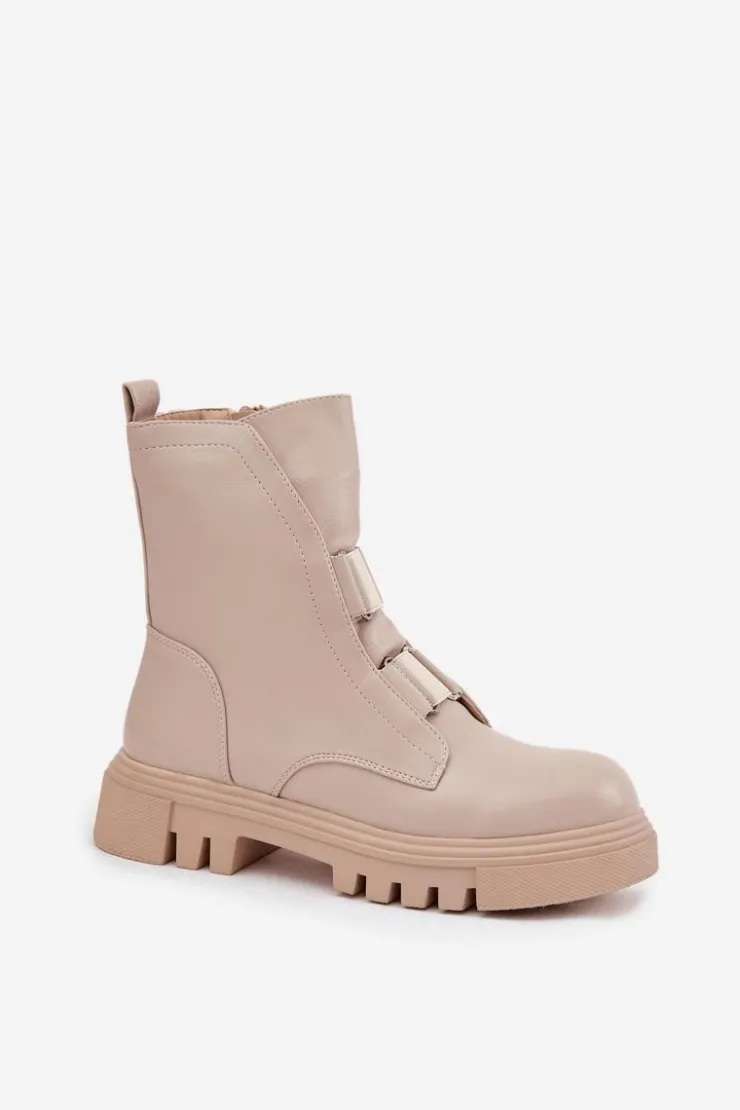 Boto Botki Zimowe Damskie|Brązowe I Beżowe Botki*Ocieplane Botki Workery Damskie Na Zamek Eko Skórzane Jasnobeżowe Mailyra Beżowy