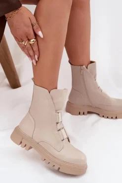 Boto Botki Zimowe Damskie|Brązowe I Beżowe Botki*Ocieplane Botki Workery Damskie Na Zamek Eko Skórzane Jasnobeżowe Mailyra Beżowy