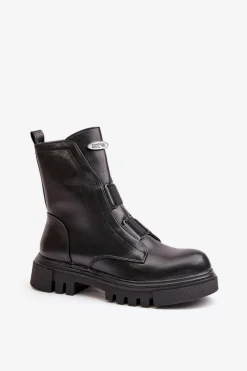 Damskie Boto Ocieplane Botki Workery Damskie Na Zamek Eko Skórzane Czarne Mailyra