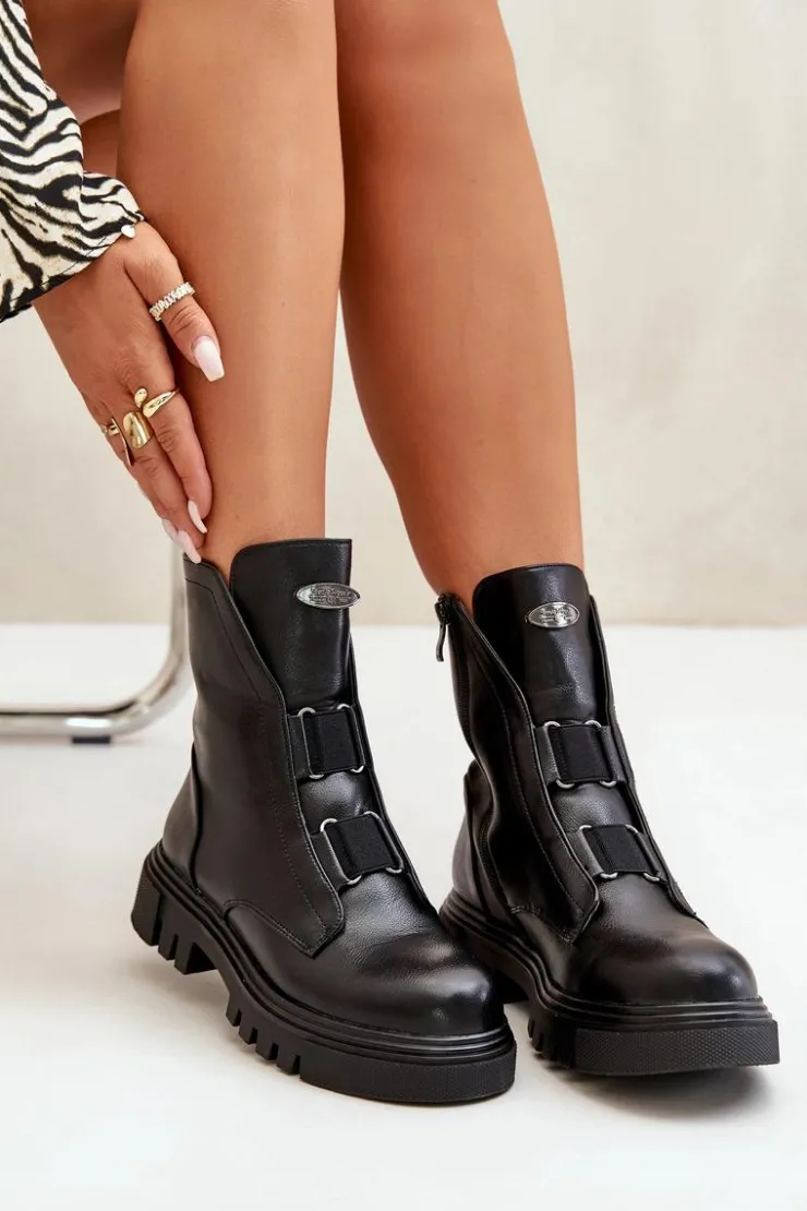 Damskie Boto Ocieplane Botki Workery Damskie Na Zamek Eko Skórzane Czarne Mailyra