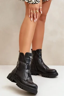 Damskie Boto Ocieplane Botki Workery Damskie Na Zamek Eko Skórzane Czarne Mailyra