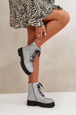 Sale Boto Ocieplane Botki Workery Damskie Ozdobione Cekinami Srebrne Liatheine