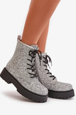Sale Boto Ocieplane Botki Workery Damskie Ozdobione Cekinami Srebrne Liatheine