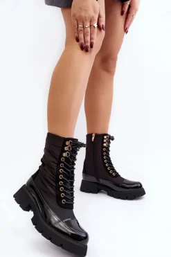 Boto Botki Ocieplane|Botki Sznurowane*Ocieplane Botki Workery Na Płaskim Obcasie Czarne Saranema Czarny