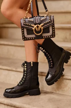 Boto Botki Ocieplane|Botki Sznurowane*Ocieplane Botki Workery Na Płaskim Obcasie Czarne Saranema Czarny