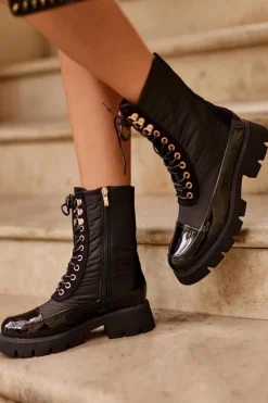 Boto Botki Ocieplane|Botki Sznurowane*Ocieplane Botki Workery Na Płaskim Obcasie Czarne Saranema Czarny