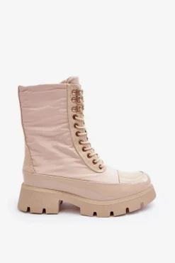 Hot Boto Ocieplane Botki Workery Na Płaskim Obcasie Beżowe Saranema