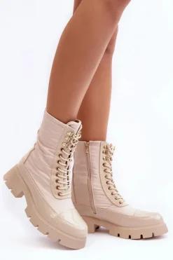 Hot Boto Ocieplane Botki Workery Na Płaskim Obcasie Beżowe Saranema