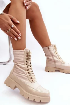 Hot Boto Ocieplane Botki Workery Na Płaskim Obcasie Beżowe Saranema