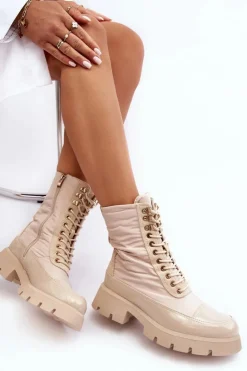 Hot Boto Ocieplane Botki Workery Na Płaskim Obcasie Beżowe Saranema