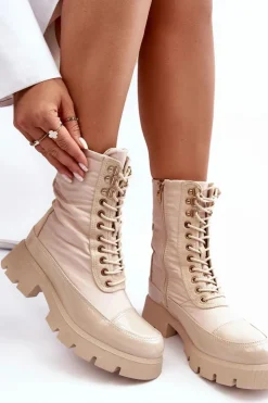 Hot Boto Ocieplane Botki Workery Na Płaskim Obcasie Beżowe Saranema