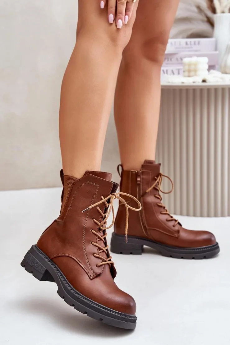 Boto Botki Ocieplane|Botki Zimowe Damskie*Ocieplane Botki Workery Na Zamek Brązowe Leairae Brązowy