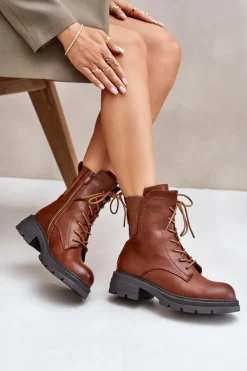Boto Botki Ocieplane|Botki Zimowe Damskie*Ocieplane Botki Workery Na Zamek Brązowe Leairae Brązowy