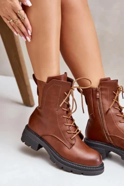 Boto Botki Ocieplane|Botki Zimowe Damskie*Ocieplane Botki Workery Na Zamek Brązowe Leairae Brązowy