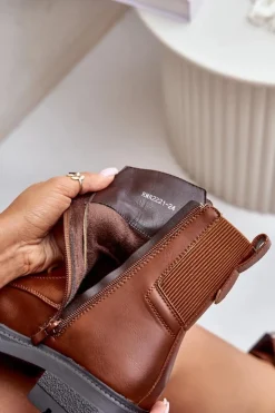 Boto Botki Ocieplane|Botki Zimowe Damskie*Ocieplane Botki Workery Na Zamek Brązowe Leairae Brązowy