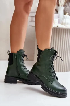 Damskie Boto Ocieplane Botki Workery Na Zamek Zielone Leairae