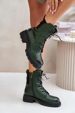 Damskie Boto Ocieplane Botki Workery Na Zamek Zielone Leairae