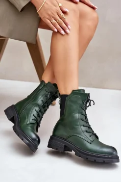 Damskie Boto Ocieplane Botki Workery Na Zamek Zielone Leairae