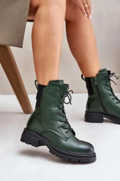 Damskie Boto Ocieplane Botki Workery Na Zamek Zielone Leairae