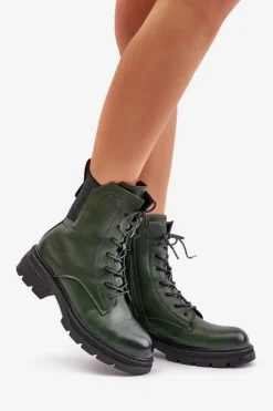 Damskie Boto Ocieplane Botki Workery Na Zamek Zielone Leairae