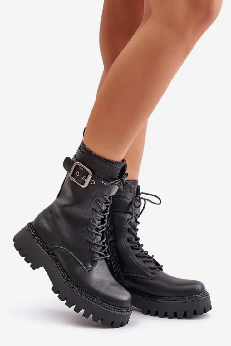 Outlet Big Star Shoes Ocieplane Botki Workery Z Klamrą Big Star OO274137 Czarne