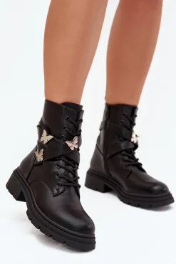 Outlet Boto Ocieplane Botki Workery Z Paskiem I Srebrnymi Przypinkami Czarne Kaelina