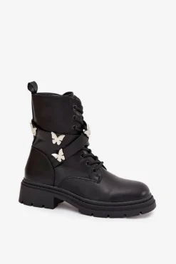 Outlet Boto Ocieplane Botki Workery Z Paskiem I Srebrnymi Przypinkami Czarne Kaelina