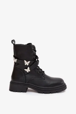 Outlet Boto Ocieplane Botki Workery Z Paskiem I Srebrnymi Przypinkami Czarne Kaelina