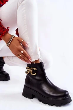 Laura Messi Botki Skórzane|Czarne Botki*Ocieplane Botki Workery Z Ozdobą 2500 Czarne