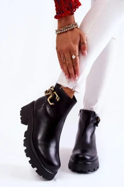 Laura Messi Botki Skórzane|Czarne Botki*Ocieplane Botki Workery Z Ozdobą 2500 Czarne