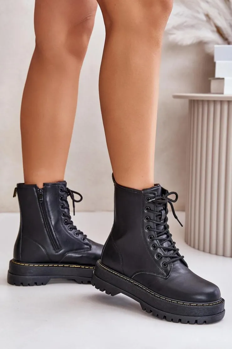 New Evento Ocieplane Botki Workery z Eko Skóry Na Zamek Czarne Naleli Czarny