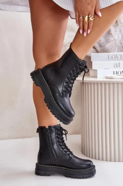 New Evento Ocieplane Botki Workery z Eko Skóry Na Zamek Czarne Naleli Czarny