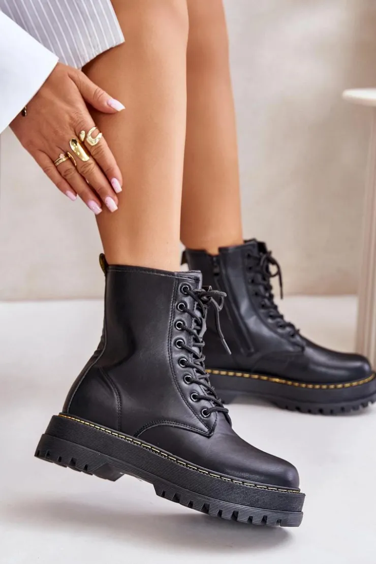 New Evento Ocieplane Botki Workery z Eko Skóry Na Zamek Czarne Naleli Czarny