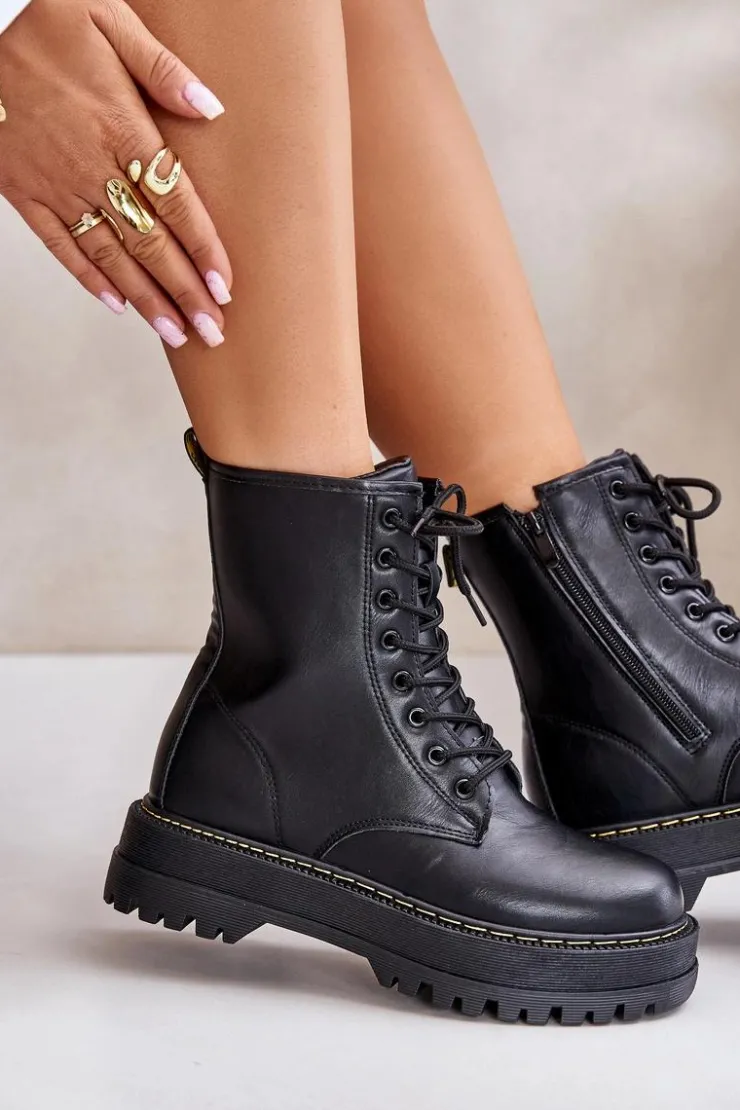 New Evento Ocieplane Botki Workery z Eko Skóry Na Zamek Czarne Naleli Czarny