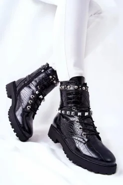 Boto Botki Sznurowane|Czarne Botki*Ocieplane Botki Workery Z Ćwiekami Czarne Nephele