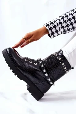 Boto Botki Sznurowane|Czarne Botki*Ocieplane Botki Workery Z Ćwiekami Czarne Nephele