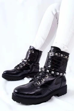 Boto Botki Sznurowane|Czarne Botki*Ocieplane Botki Workery Z Ćwiekami Czarne Nephele