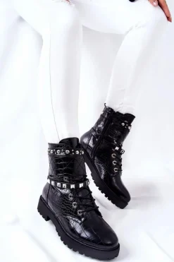 Boto Botki Sznurowane|Czarne Botki*Ocieplane Botki Workery Z Ćwiekami Czarne Nephele