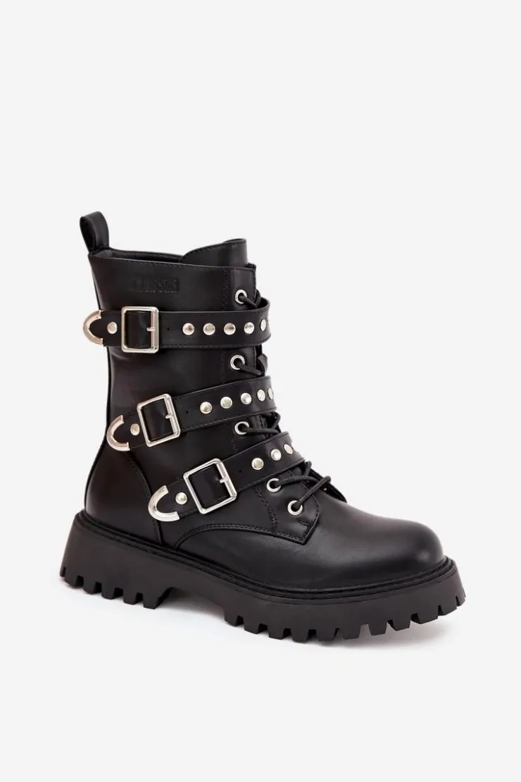 Outlet Big Star Shoes Ocieplane Botki Workery Z Paskami I Klamrami Big Star OO274707 Czarne